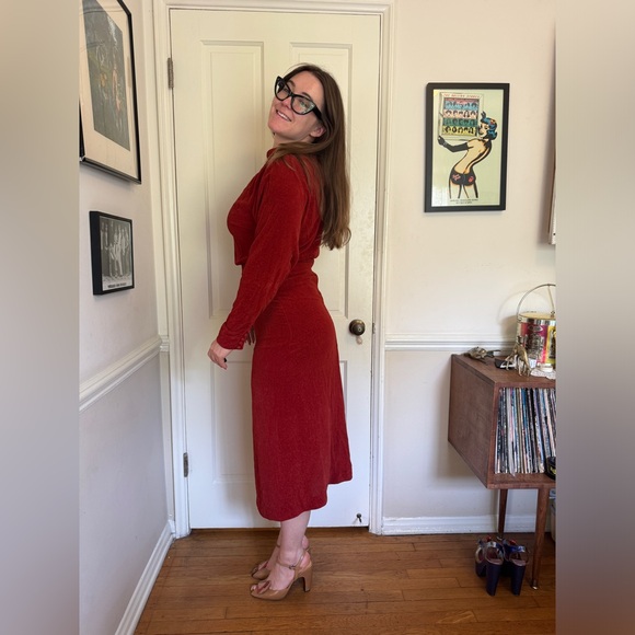30s Vintage Orange  Velvet Long Sleeve Dress - Picture 5 of 12
